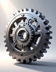 Close-up of a detailed metallic gear assembly with interlocking wheels and intricate mechanical components, lit by a single light source