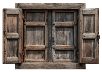 Aged, wooden window with shutters open, showing the detailed texture of weathered panels