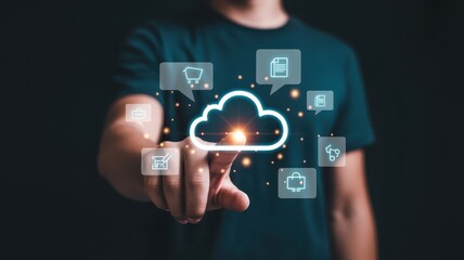 Obraz premium Person interacting with glowing digital cloud computing interface surrounded by various service icons