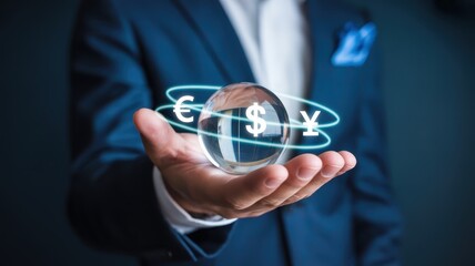 Business professional displays global currency symbols orbiting within a clear crystal sphere held above an open palm