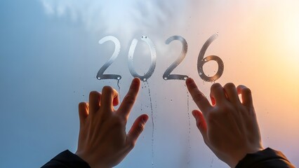Hands drawing the year 2026 on a foggy window, symbolizing future anticipation.