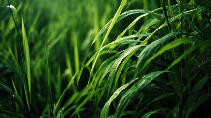 Fototapeta premium A lush green field with grass that is wet from the rain. The grass is tall and the sky is clear