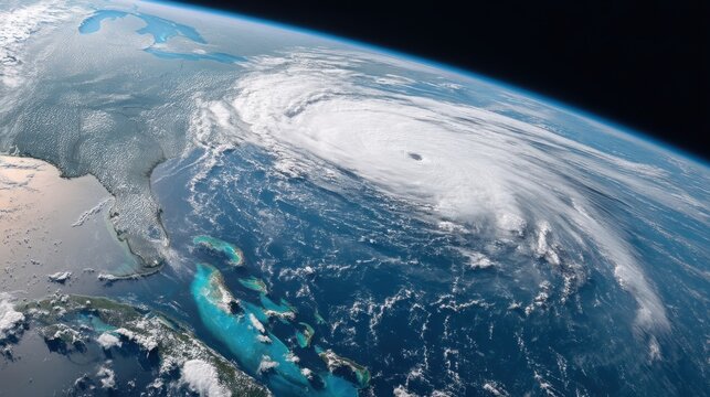 A powerful hurricane rotates over the Atlantic Ocean showcasing its eye and swirling clouds. This view shows parts of the United States and the Caribbean Sea below. - Powered by Adobe
