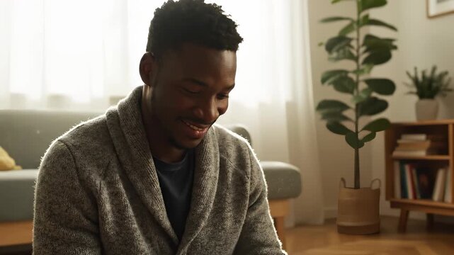 Using smartphone on couch while scrolling. Man taps phone with right hand. Smile reflects relaxed focus. Mobile use occurs in cozy living room with plant and shelf. Sweater adds relaxed vibe at home.