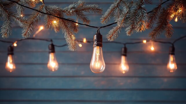 A string of Christmas lights are hanging from a tree branch. The lights are lit up and create a warm and cozy atmosphere - Powered by Adobe