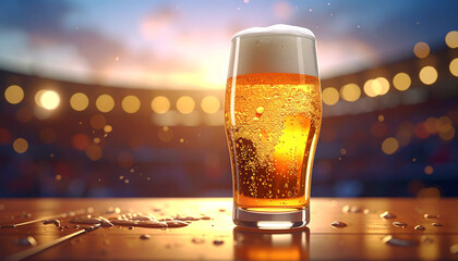 Cheers to the Game: A close-up shot of a refreshing glass of beer, its golden liquid crowned with a frothy head, stands on a wooden surface, set against the backdrop of a vibrant.