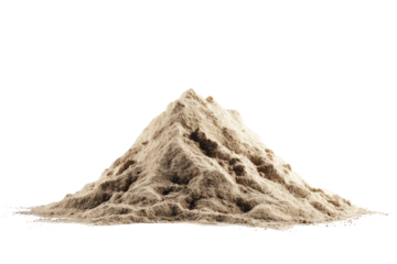 A granular mound of fine, beige material, isolated on a black background