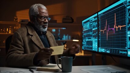 Analyzing heart monitor data on screen. Doctor points to ecg waveform. Cardiologist reviews cardiology chart and electrocardiogram. Healthcare worker studies heart rhythm and graph. View shows desk. - Powered by Adobe