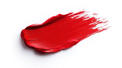 walgreens. Bright red lipstick texture smear, showcasing creamy cosmetic product detail on a clean white background. lifestyle magazines.