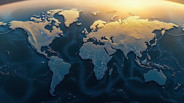 A 3D rendered world map with a relief effect and dramatic lighting, showcasing the continents and oceans. - Powered by Adobe