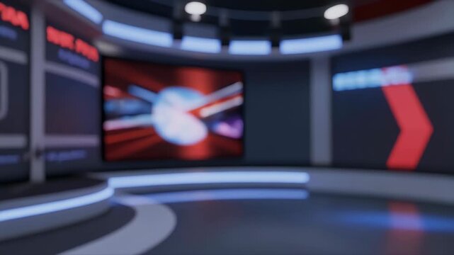 A blurred, abstract view of a modern news or broadcast studio featuring vibrant red and blue illuminated elements on screens and set details.