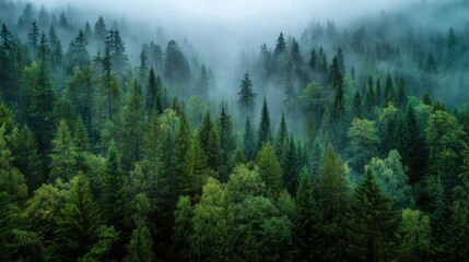 Fototapeta premium A forest with trees covered in mist. The trees are green and tall, and the mist gives the forest a mysterious and serene atmosphere