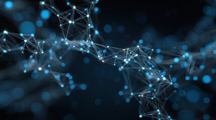 Tech-themed network connection structure close-up: blue-white glowing nodes, interwoven line mesh, dark blurred background. Ideal for data visualization, tech-themed design, sci-fi concept art, digita