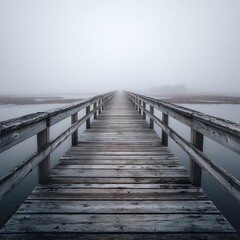 Long wooden pier stretching into a thick, mysterious fog over water