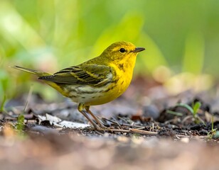 A vibrant pine warbler perched gracefully on the forest floor in the daylight