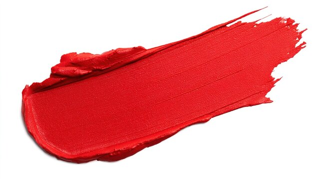 walgreens. Bright red lipstick texture smear, showcasing creamy cosmetic product detail on a clean white background. lifestyle magazines.