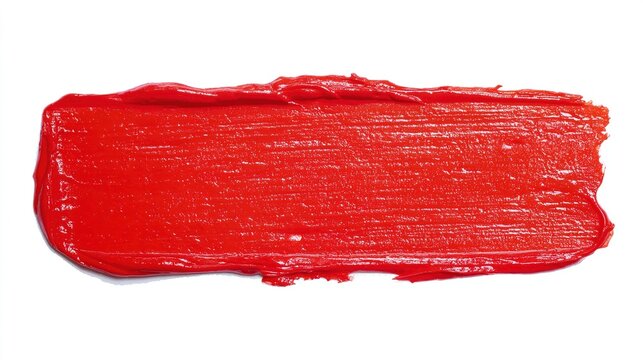 walgreens. Bright red lipstick texture smear, showcasing creamy cosmetic product detail on a clean white background. lifestyle magazines.