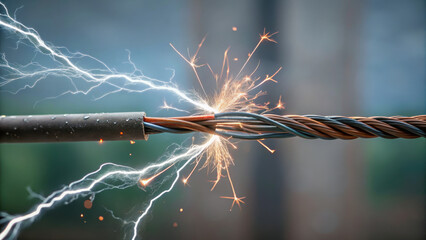 Electrical accident causing power failure damage. Sparking cable investigation for short circuit and high voltage danger