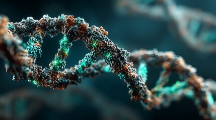 Textured DNA double helix close-up: brown-gray textured chain, neon cyan glowing nodes, dark tech background. Suitable for biotech presentations, genetic research materials, sci-fi medical design, 