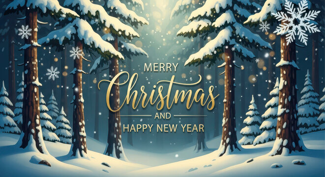 Magical snowy forest scene with merry christmas and happy new year greeting