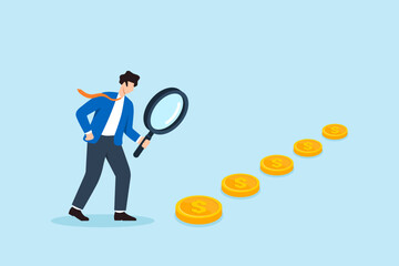 Flat illustration of businessman following golden coin trail with magnifying glass for financial planning and opportunity