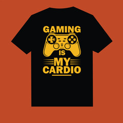 Black t-shirt with yellow gaming controller and text