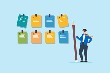 Obraz na płótnie Canvas Flat illustration of businessman writing numbered colorful notes for task management and planning