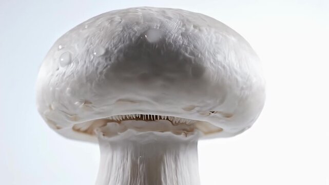 A single perfect white cultivated mushroom standing upright