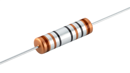 Closeup of a single electronic resistor component with color bands, isolated on transparent background