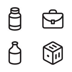 Four simple outline icons representing medicine briefcase bottle and dice