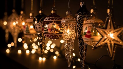 Christmas ornaments hanging with bokeh lights