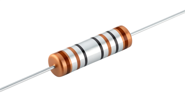 Closeup of a single electronic resistor component with color bands, isolated on transparent background