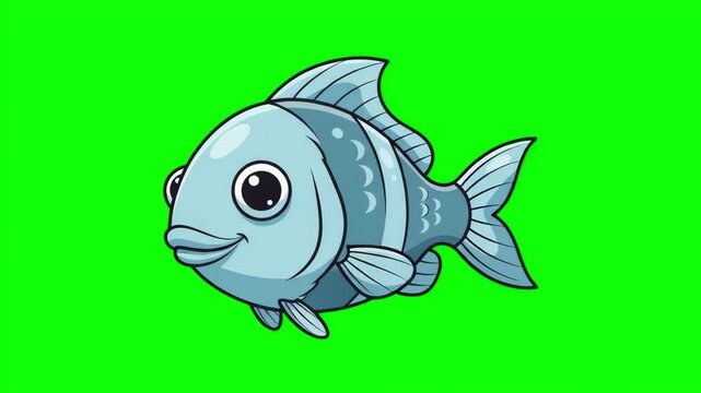Cute Blue Cartoon Fish Character Swimming and Smiling on Green Screen for Chroma Key Footage