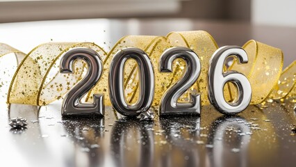 Shiny metallic numbers spelling out the year 2026 with a shimmering gold ribbon in the background.