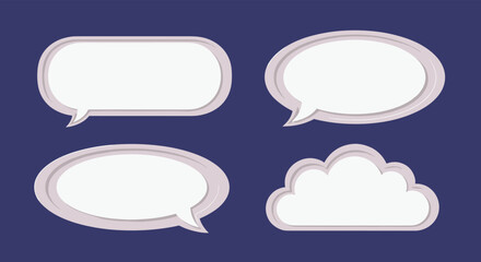 Naklejka premium Set of four blank speech bubbles in a modern paper cut style with soft purple outlines on a dark navy blue background.