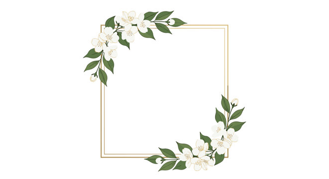 Elegant square golden frame decorated with delicate white jasmine flowers and green leaves for a wedding invitation design.