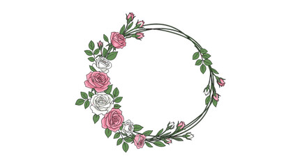 Beautiful circular floral frame with delicate pink and white roses green leaves and buds for a romantic wedding invitation design.