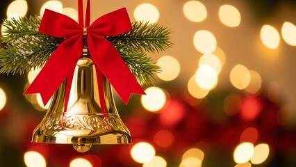 Gold bell with red bow and evergreen branches
