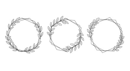 Set of three minimalist geometric frames decorated with hand-drawn leaf branches for modern wedding invitations or logos.