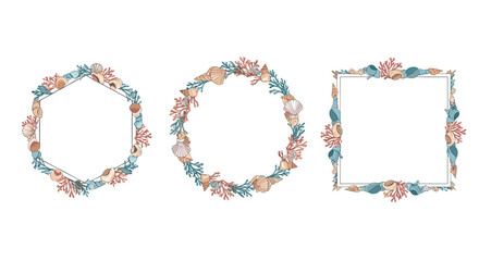 Set of decorative marine-themed frames with seashells coral and algae for summer wedding invitations or beach party decor.