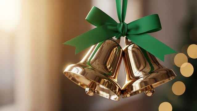 Gold bells with green ribbon holiday decoration