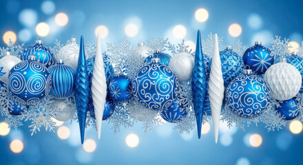 Sparkling blue and white christmas ornaments with twinkling lights