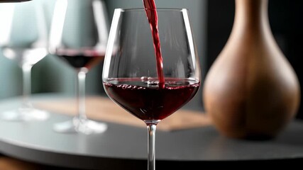 Pouring red wine into wine glass. Rich liquid fills stemware on round table. Closeup shows swirl reflection and glass rim. Evening drink mood suggests dinner and celebration. Cozy tasting mood now.