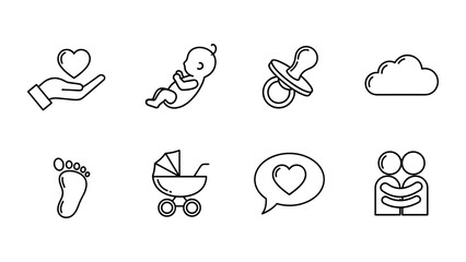 Minimalist baby care icons: line art of newborn essentials and family love