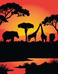 Fototapeta premium Silhouette of animals in the savannah. African landscape scene. Vector horizontal seamless tropical background with elephants, giraffes, and a lion. Black isolated silhouette-eps- vector