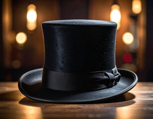 Close-up of a classic black top hat resting on a wooden surface, with bokeh lights in the blurred background