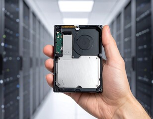 Close-up of a hand holding an internal computer storage device against the backdrop of a server room