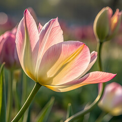 A beautiful pink and yellow tulip flower glowing in the warm sunlight, showcasing its delicate petals and vibrant colors.
