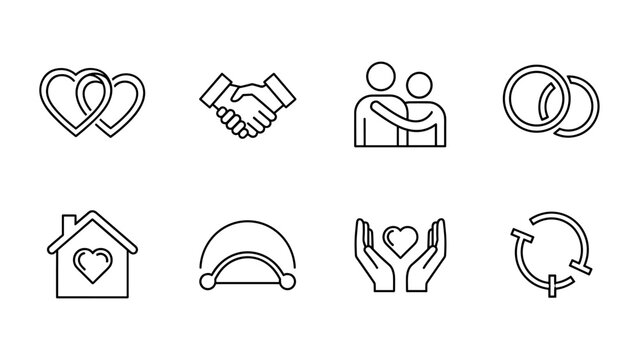 Minimalist outline icons: love, partnership, and community