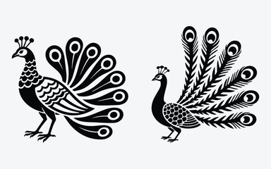 Ornamental Peacock Black White Illustration